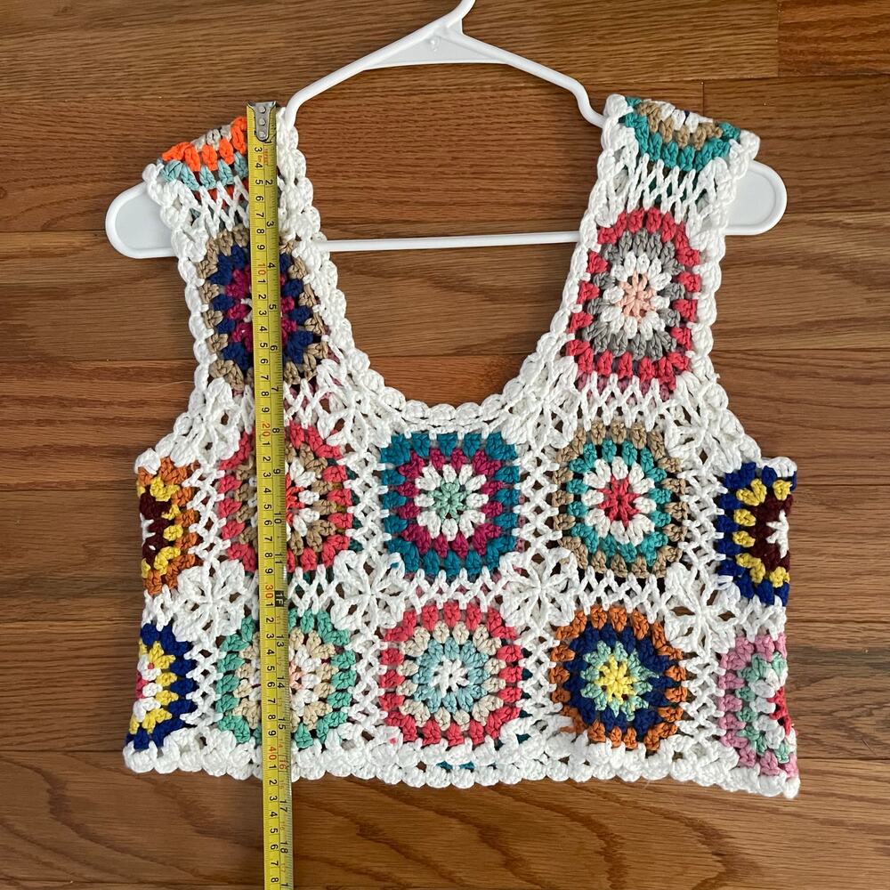 Boho Crochet Crop Camisole Overlay Top Womens Medium Multicolor Festival Chic - Picture 6 of 6